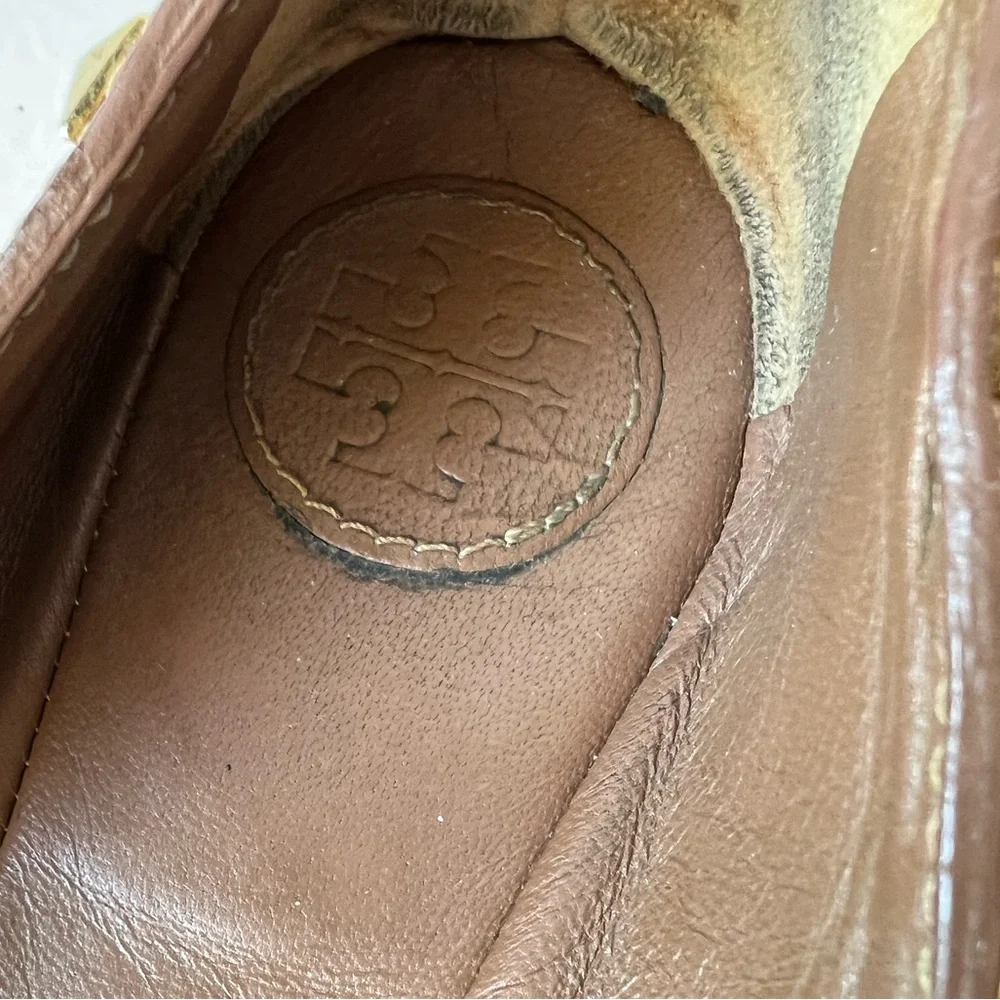 Tory Burch Camel Brown Leather Flats with gold grommet accents
